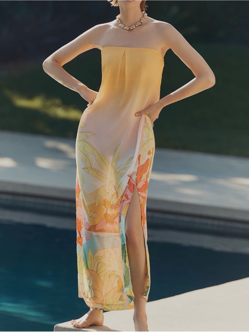 Farm Rio Tropical Sunset Strapless Maxi Dress Cover Up Yellow Medium Swim Resort
